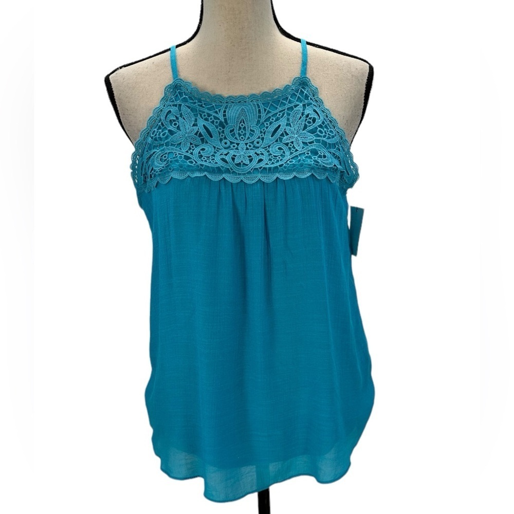 BCX Sleeveless Lace Front Halter Blouse - Aqua Blue - size Medium
